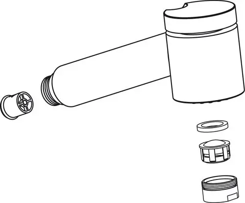 Ausziehbarer Auslauf von Ideal Standard, bestehend aus mehreren Komponenten, darunter eine drehbare Vorderseite und verschiedene Anschlussstücke, dargestellt in einer technischen Illustration.
